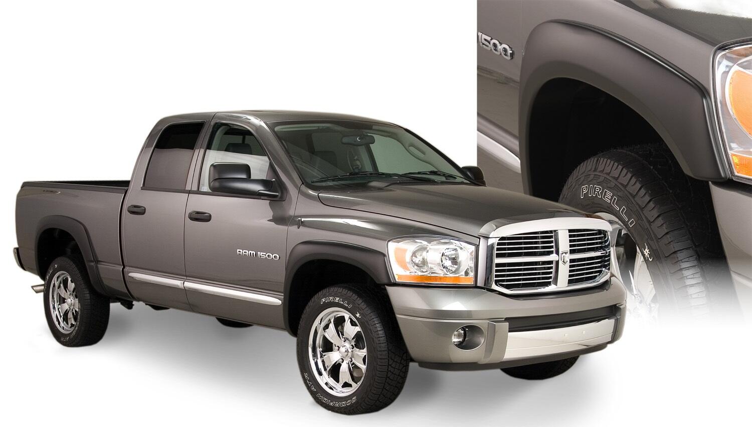 Black OE Style Smooth Finish 4-Piece Fender Flare Set For 2002-2008 Dodge Ram 1500 2003-2009 Ram 2500, 3500 Fits 97.9/98.3 Inch Bed Bushwacker