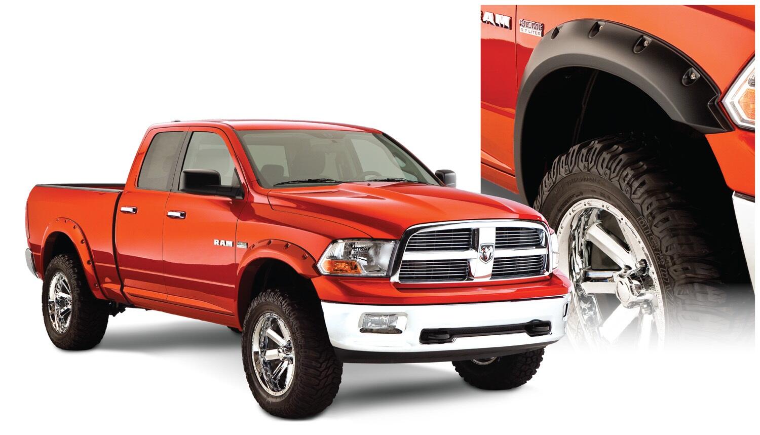Black Pocket/Rivet Style Smooth Finish 4-Piece Fender Flare Set For 2009-2018 Dodge Ram 1500 (Excludes R/T/Rebel) 2019-2022 Ram 1500 Classic (Excludes Rebel Models) Bushwacker