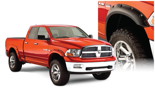 Black Pocket/Rivet Style Smooth Finish 4-Piece Fender Flare Set For 2009-2018 Dodge Ram 1500 (Excludes R/T/Rebel) 2019-2022 Ram 1500 Classic (Excludes Rebel Models) Bushwacker