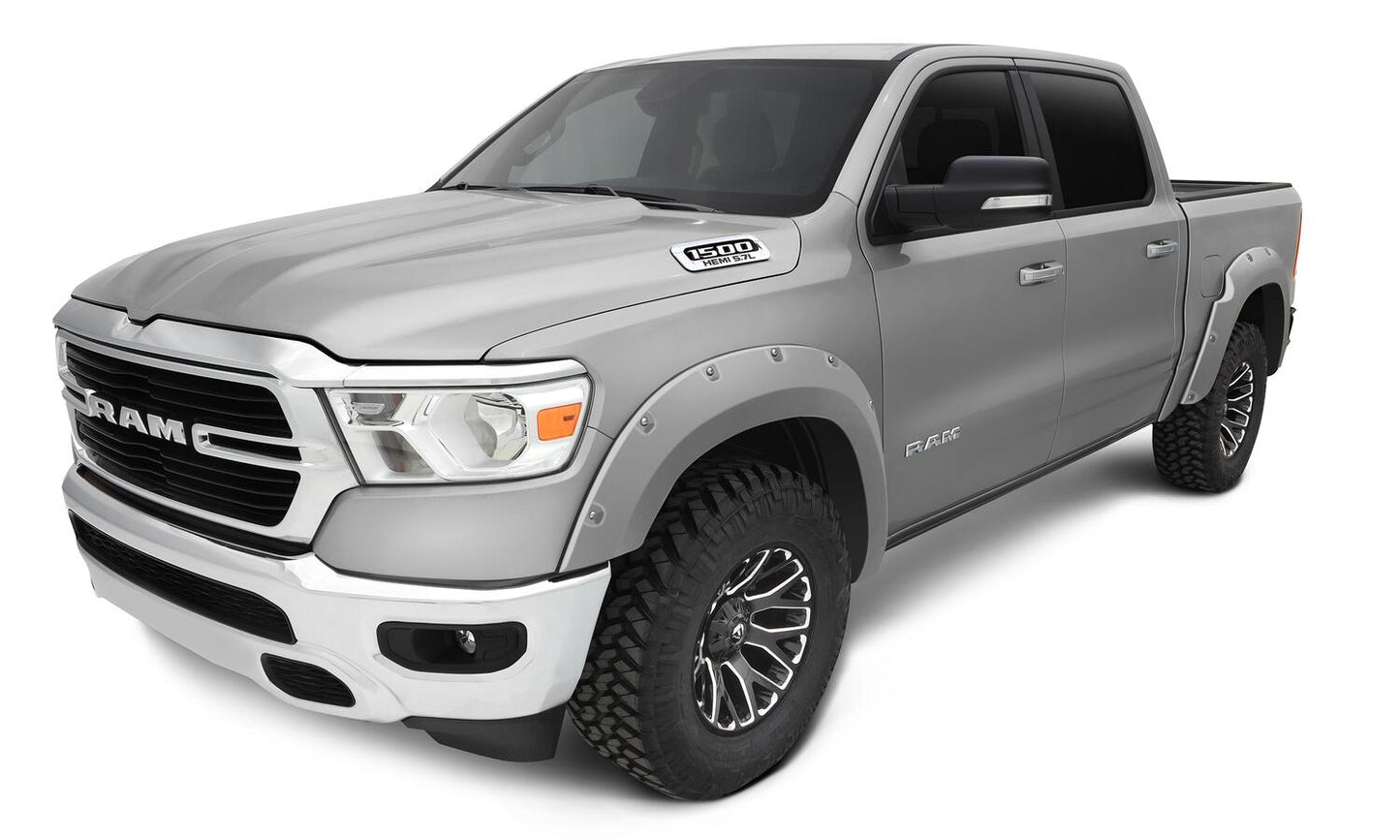 Pocket/Rivet Style Color Matched Billet Silver Metallic 4-Piece Fender Flare Set For 19-22 Ram 1500 Will Not Fit Rebel And Trx Models Bushwacker