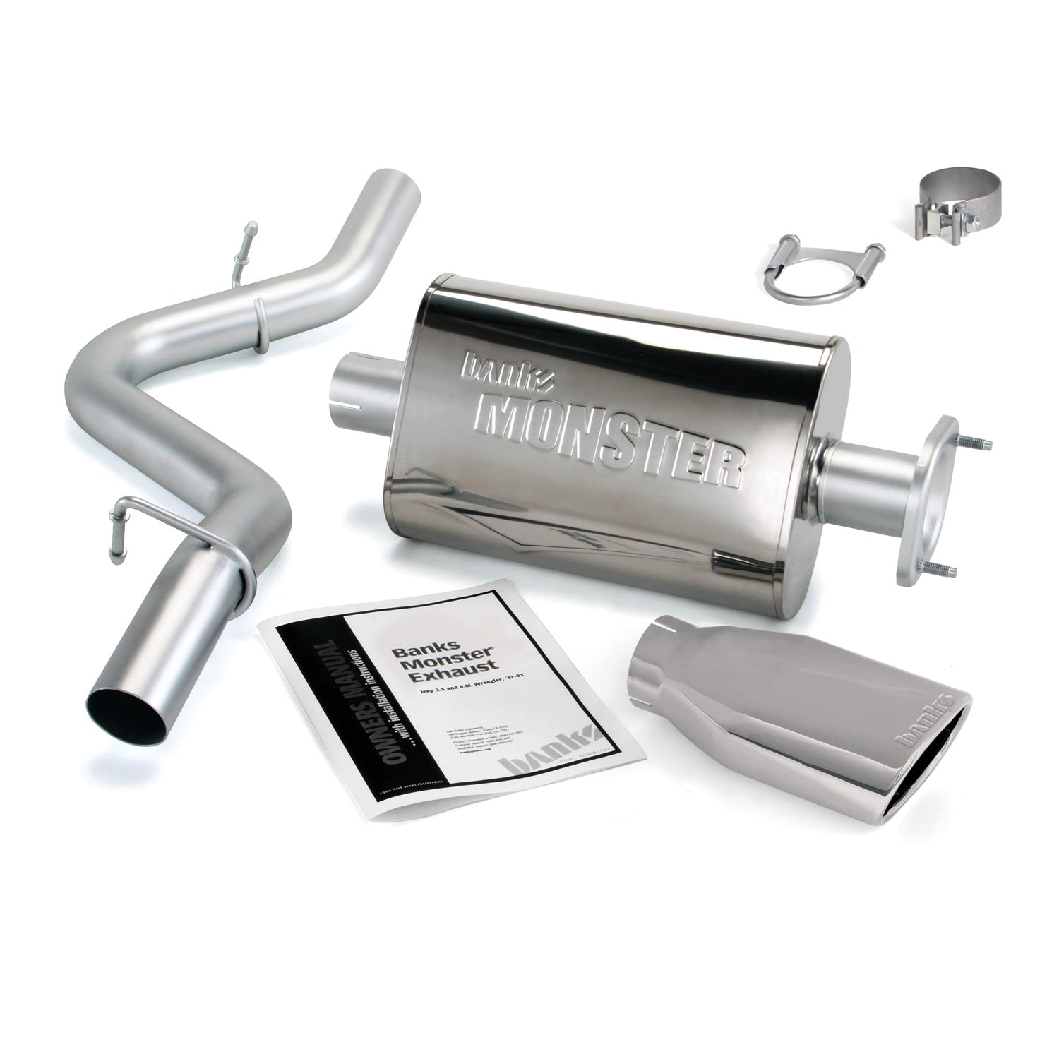 Monster Exhaust System Single Exit Chrome Ob Round Tip 04-06 Jeep 4.0L Wrangler Banks Power-1