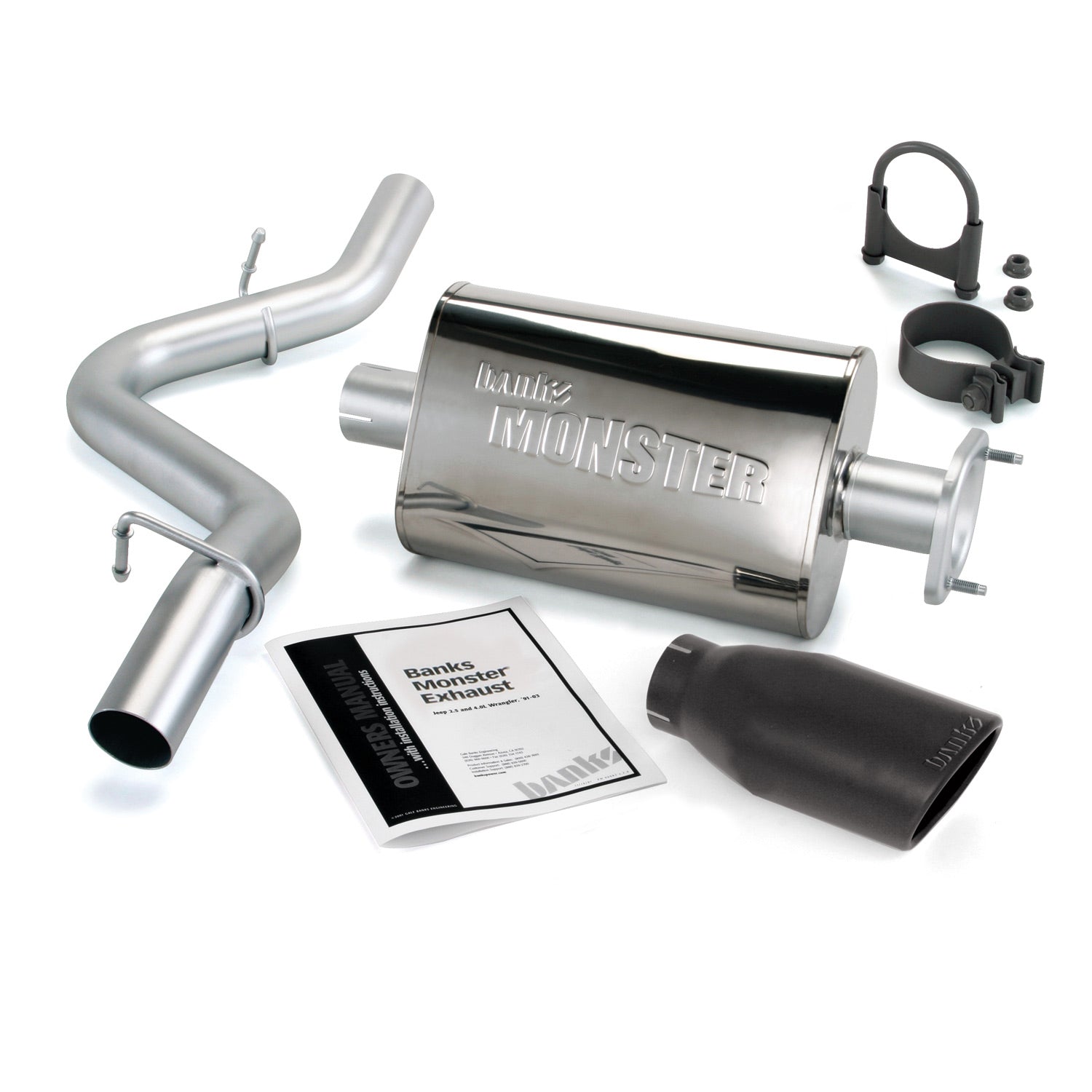Monster Exhaust System Single Exit Black Ob Round Tip 04-06 Jeep 4.0L Wrangler Banks Power