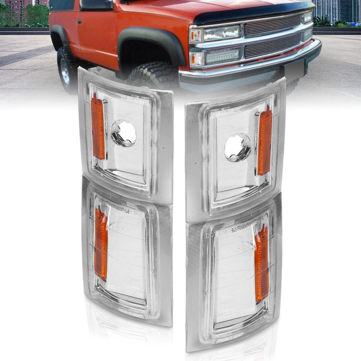 Cornering Light Assembly Clear Lens Chrome Housing Amber Reflector 4 Pc Pair Chevy/GMC Trucks/SUVs 1992-2000 AnzoUSA