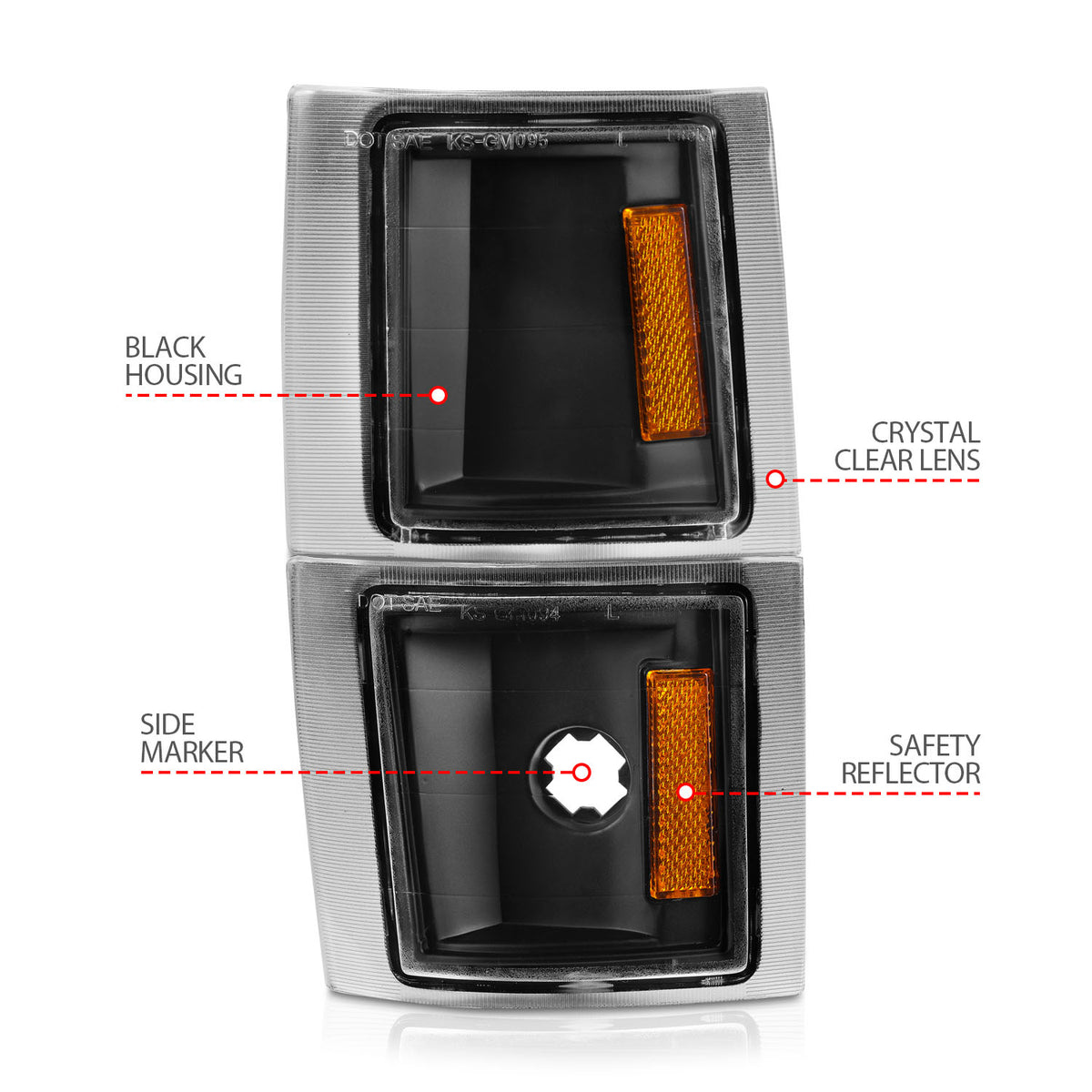 Cornering Light Assembly Clear Lens Black Housing Amber Reflector 4 Pc Pair Chevy/GMC Trucks/SUVs 1992-2000 AnzoUSA-3