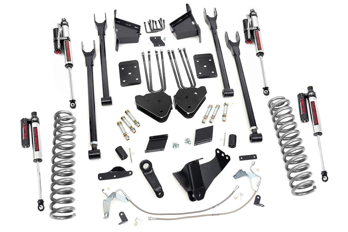 Rough Country 6 Inch Ford 4-Link Suspension Lift Kit Vertex Reservoir Shocks 11-14 F-250 4WD Overloads Rough Country