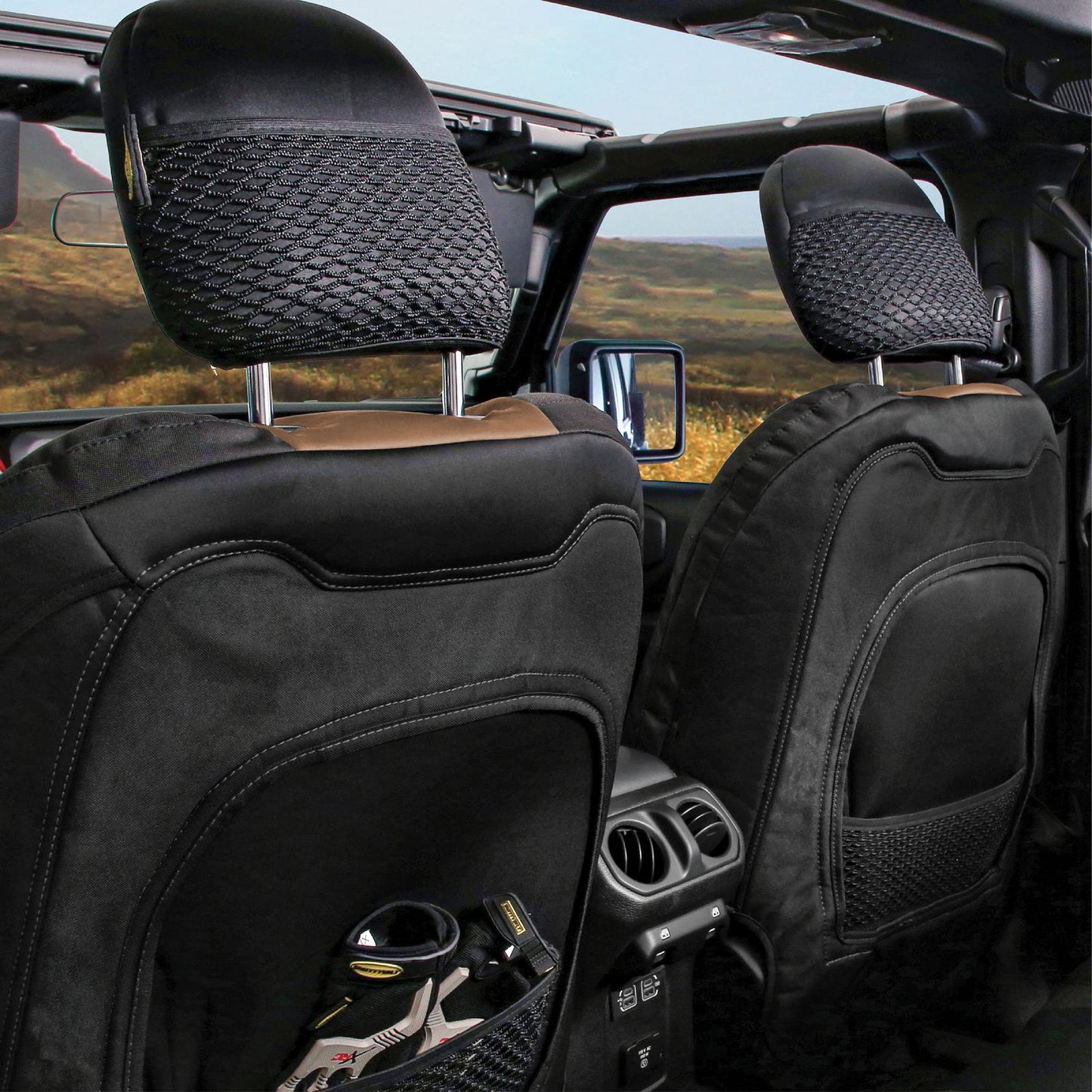 Gen2 Neoprene Front and Rear Seat Cover Kit Tan/Black 2020-2023 Jeep Gladiator Smittybilt-2