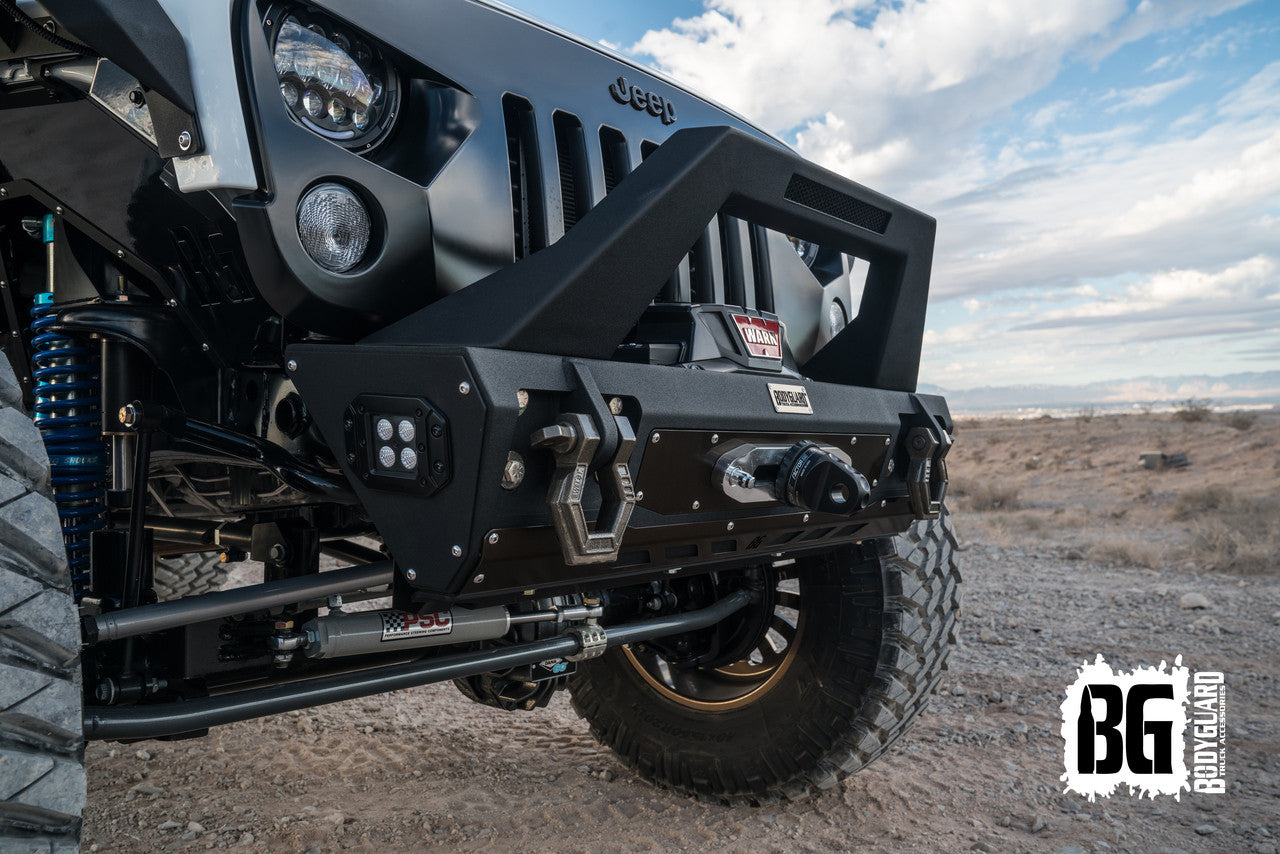 2007-2018 Jeep Wrangler JK Front Bumper Stubby with Push Bar End Cap Light Cutouts Bare Metal Bodyguard Bumpers-1