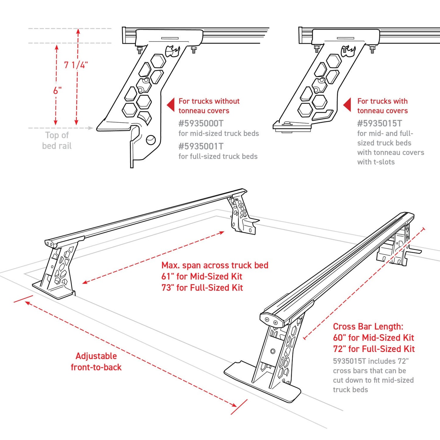 XRS Cross Bars Bed Rail Kit for Full/Mid Sized Trucks W/Tonneau Cover T Tracks Textured Black 2006-2026 Nissan Frontier 2016-2026 Toyota Tacoma 2017-2026 Ford F-250/F-350 Go Rhino-8