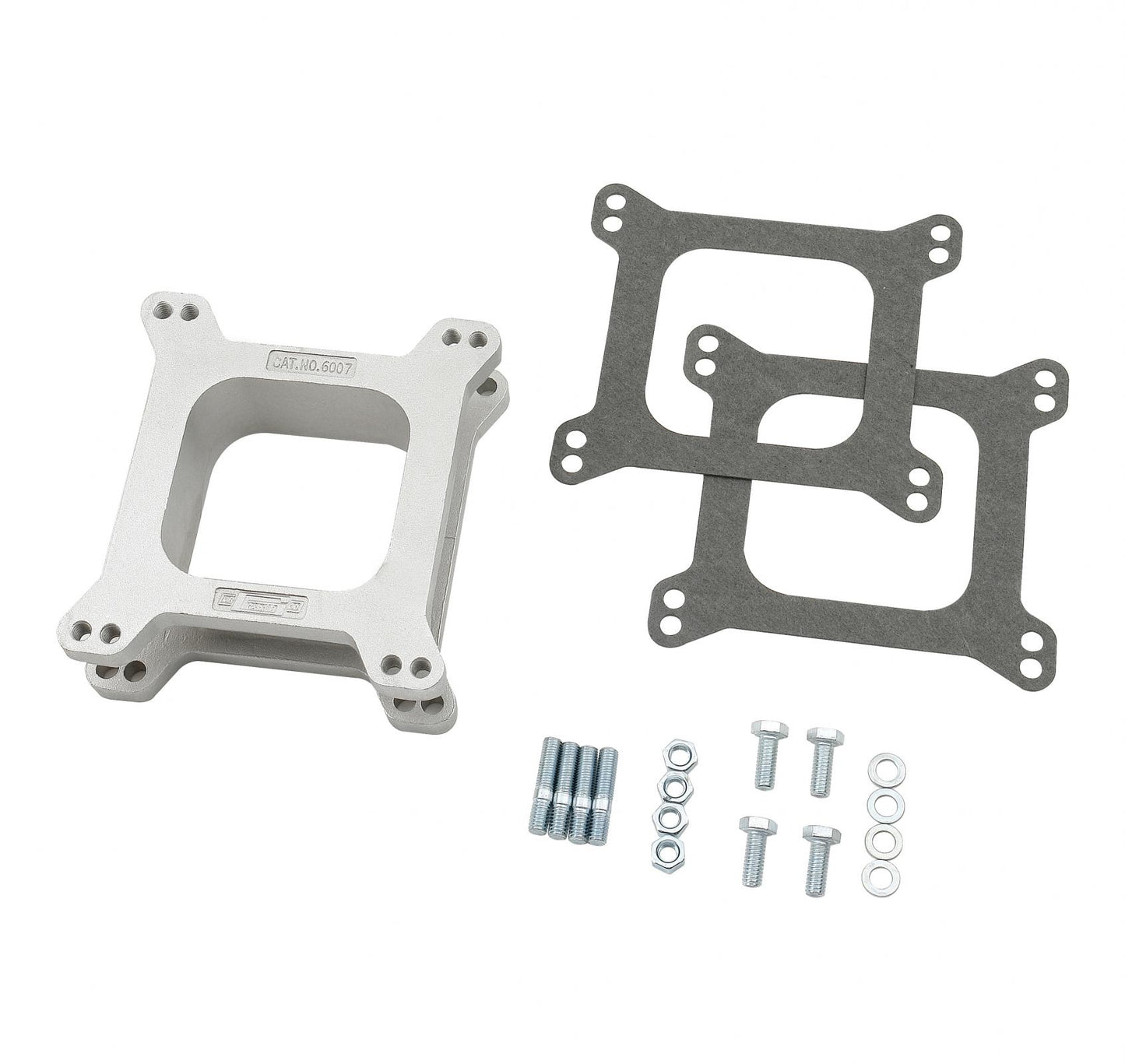 Carburetor Spacer Kit Open Center Aluminum 2 Inch This Die-Cast Aluminum Carburetor Spacer Kit Fits Holley & Carter Carburetors with Standard Bolt Patterns with a 2 Inch Open Center Mr Gasket