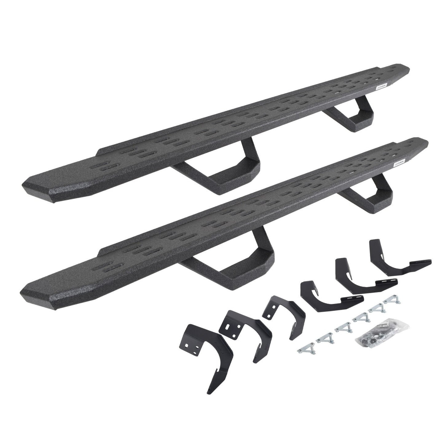 RB30 Running Boards with Mounting Brackets & 2 Pairs of Drops Steps Kit Protective Bedliner Coating 2015-2018 Ram 1500 Go Rhino