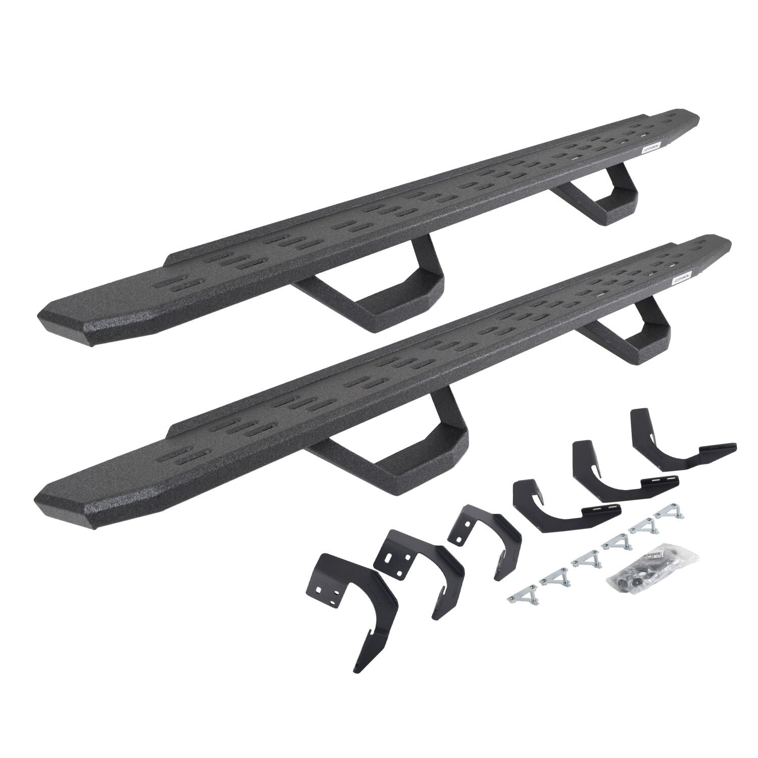 RB30 Running Boards with Mounting Brackets & 2 Pairs of Drops Steps Kit Protective Bedliner Coating 2015-2018 Ram 1500 Go Rhino