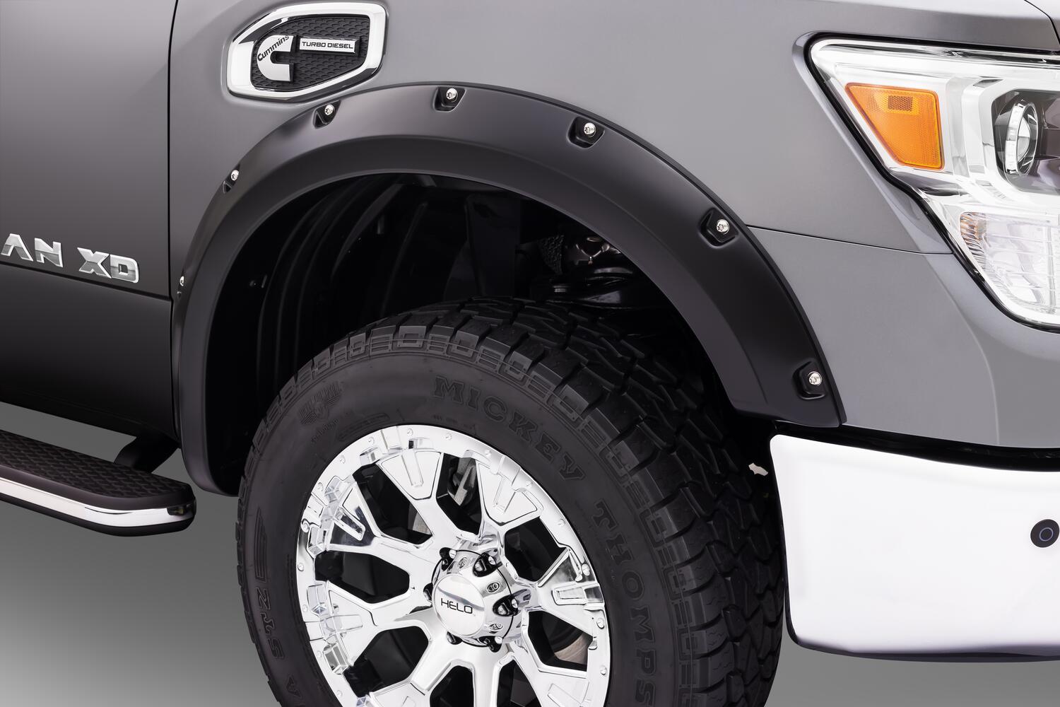 Black Pocket/Rivet Style Smooth Finish Front Fender Flares For 2004-2015 Nissan Titan W/O Lock Box Bushwacker