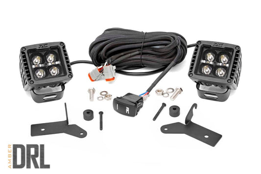 LED Light Kit Hinge Mount 2 Inch Black Pair Amber DRL Jeep Gladiator JT/Wrangler JL (18-26) Rough Country