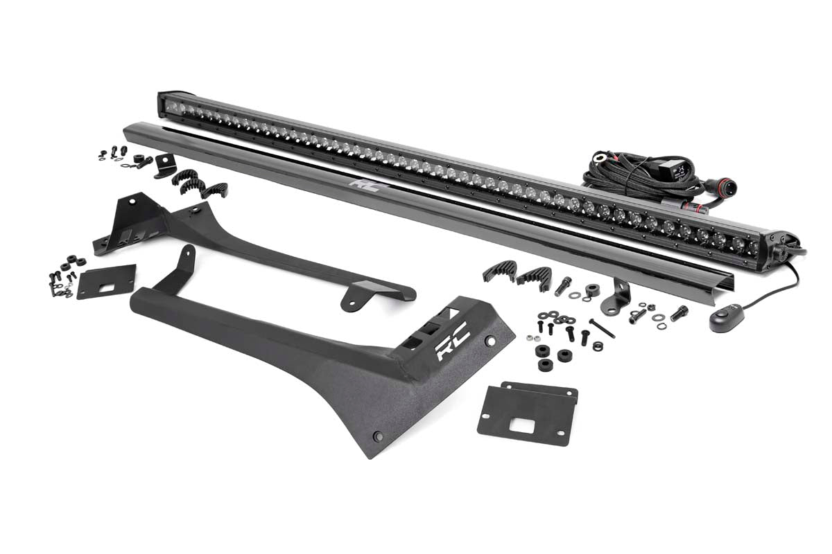 Rough Country Jeep 50-Inch Straight LED Light Bar Upper Windshield Kit w/ Single-Row Black Series LED 20-Up Gladiator JT 18-20 Wrangler JL Rough Country