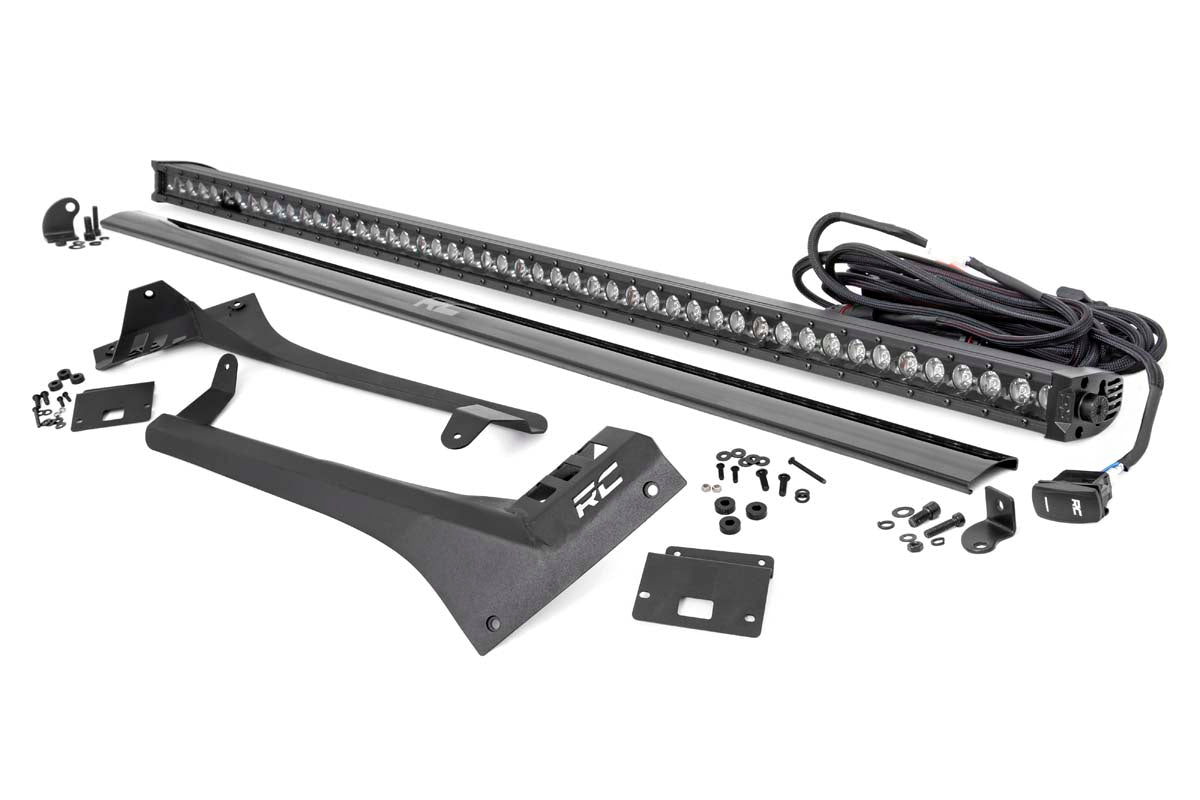 Rough Country Jeep 50-Inch Straight LED Light Bar Upper Windshield Kit w/ Single-Row Black Series LED White DRL 20-Up Gladiator JT 18-20 Wrangler JL Rough Country