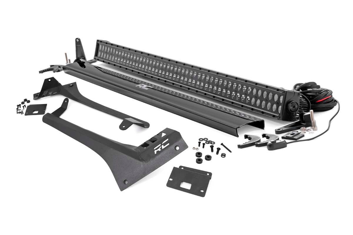 Rough Country Jeep 50-Inch Straight LED Light Bar Upper Windshield Kit w/ Dual-Row Black Series LED 2-Up Gladiator JT, 18-20 Wrangler JL Rough Country