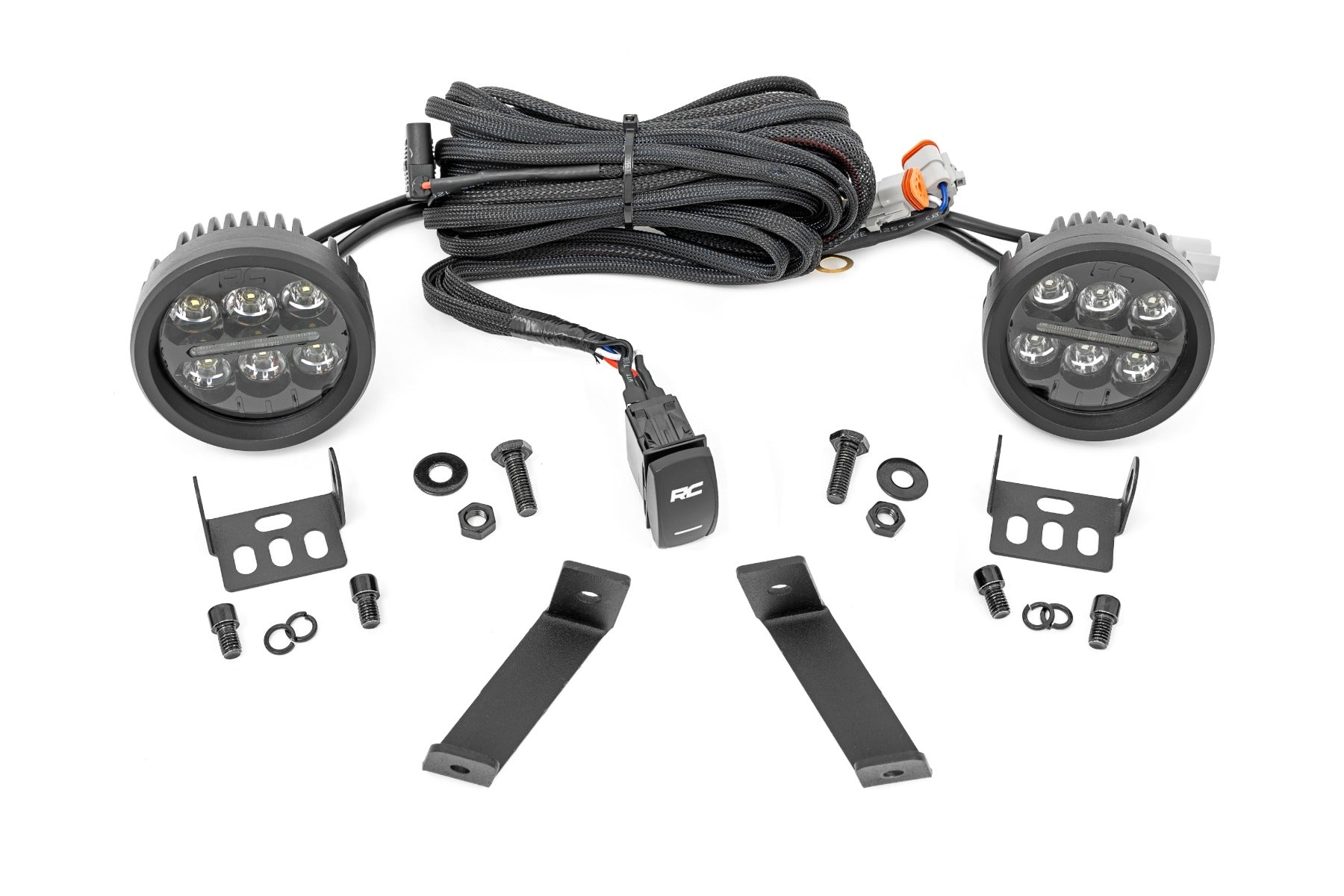 Rough Country LED Light Kit Ditch Mount Black Series Round 3.5 Inch Amber DRL Jeep KL (14-21) Rough Country