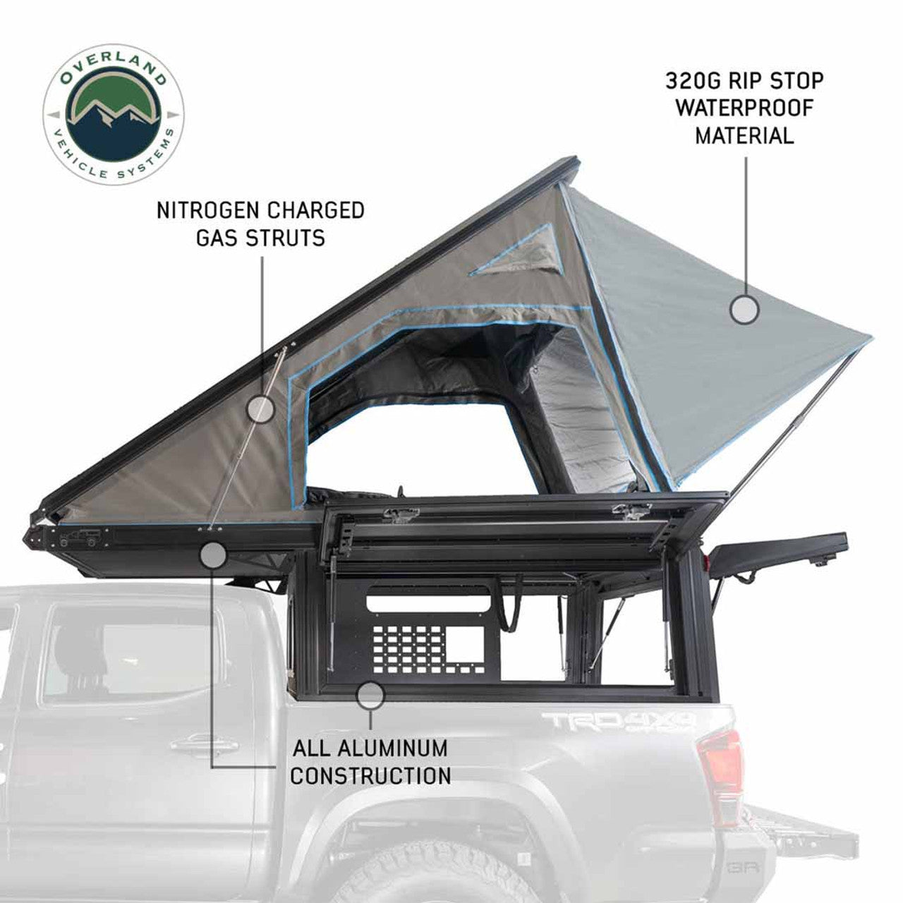 Overland Vehicle Systems MagPak Camper W/Tent, Lights, Rear Molle Panel, Side Tie Downs, Front and Rear Windows 16-24 Toyota Tacoma 5 Foot Bed Overland Vehicle Systems
