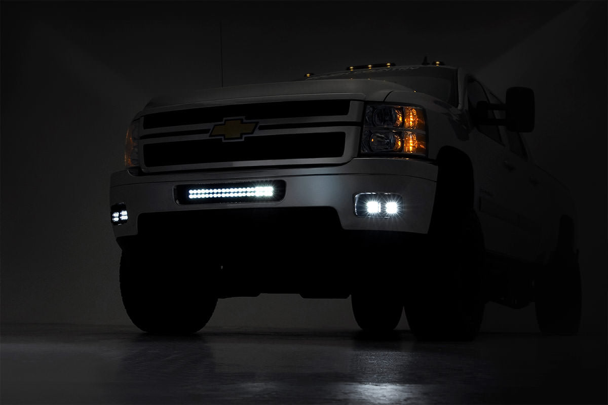 LED Light Kit Fog Mount 2 Inch Black Pair Amber DRL Chevy Silverado 2500 HD/3500 HD (11-14) Rough Country-1