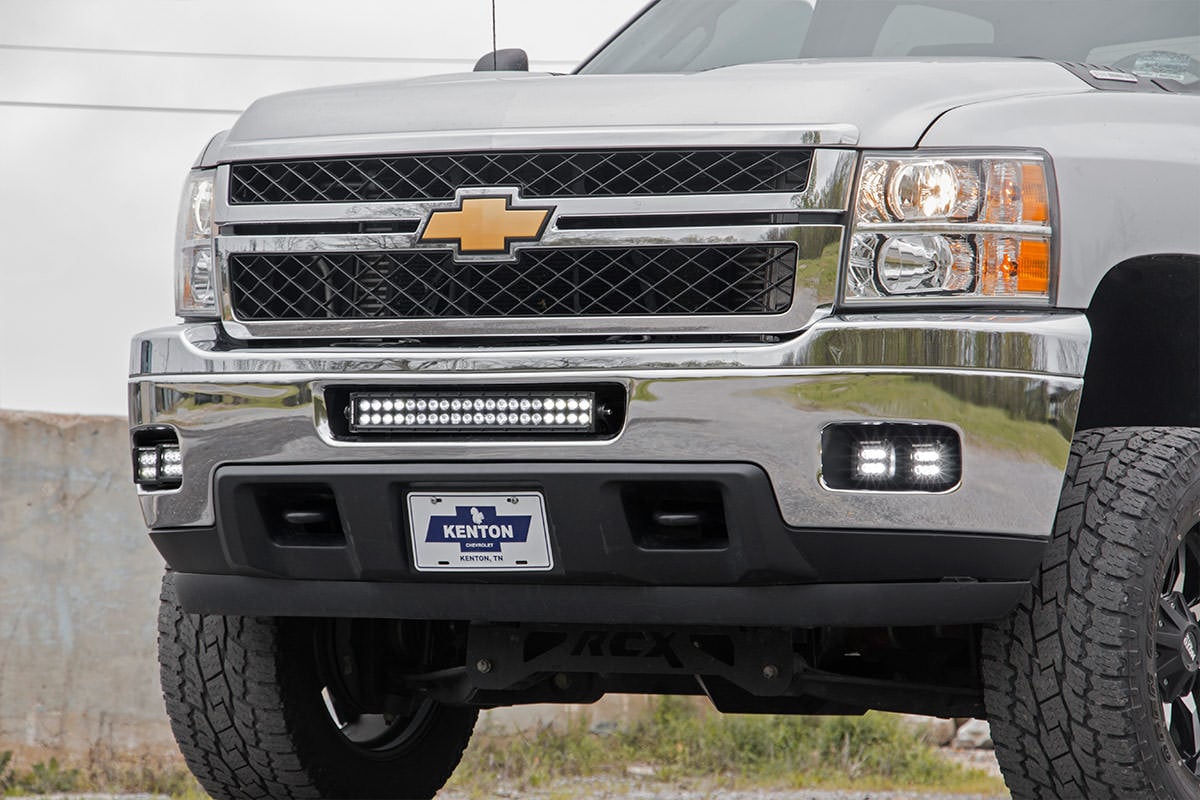 LED Light Kit Fog Mount 2 Inch Black Pair White DRL Chevy Silverado 2500 HD/3500 HD (11-14) Rough Country-2