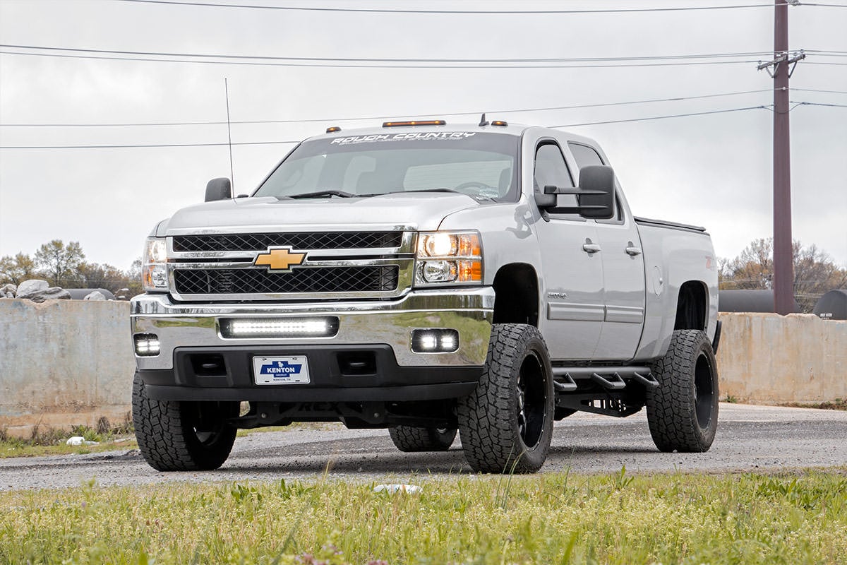 LED Light Kit Fog Mount 2 Inch Black Pair White DRL Chevy Silverado 2500 HD/3500 HD (11-14) Rough Country-3