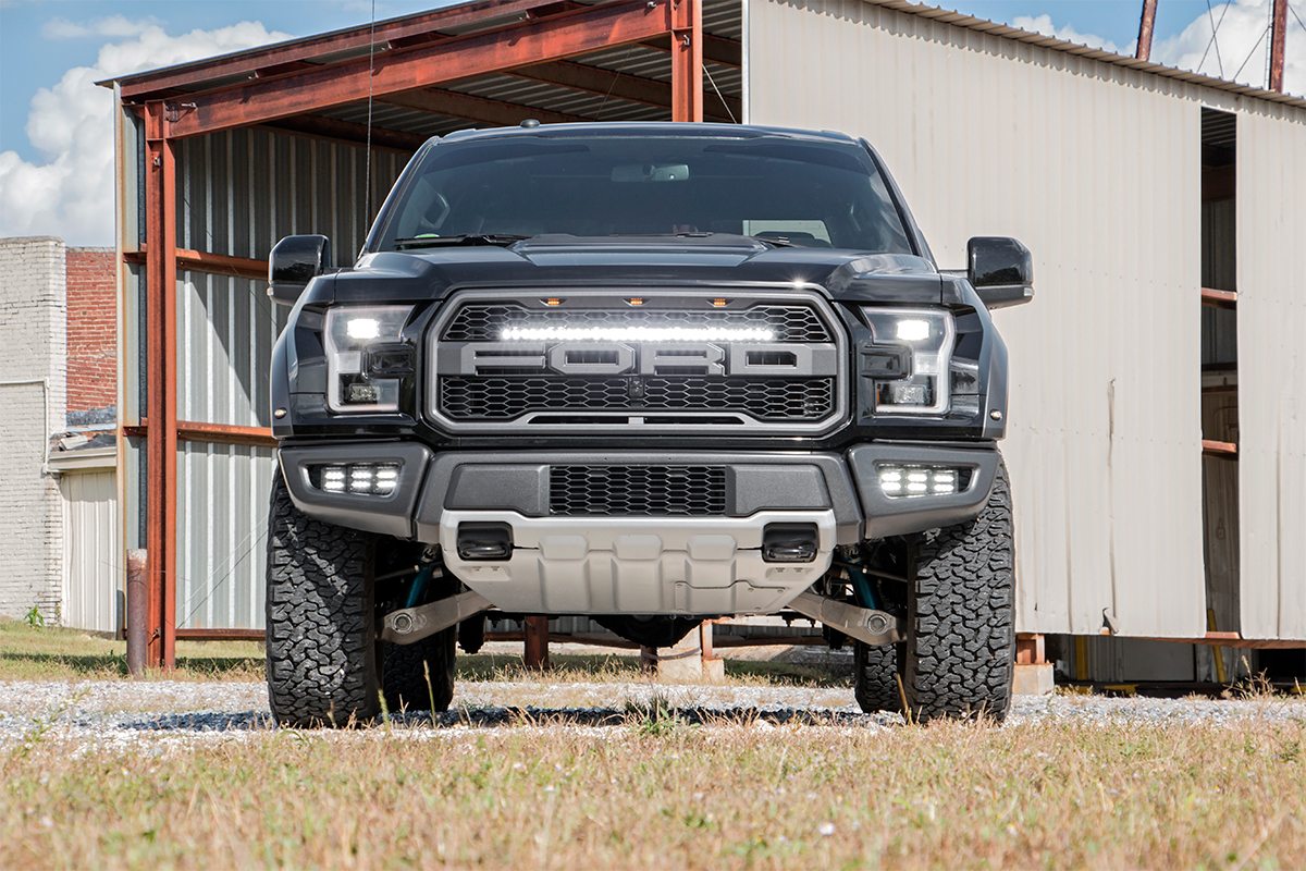 LED Light Kit Grille Mount 30 Inch Black Single Row White DRL Ford Raptor (17-20) Rough Country-3