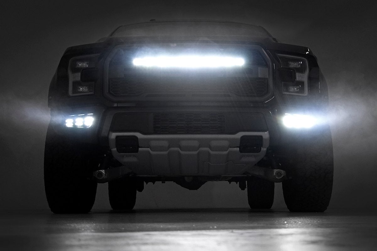 LED Light Kit Grille Mount 30 Inch Black Single Row White DRL Ford Raptor (17-20) Rough Country-4
