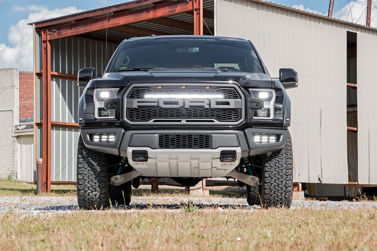 LED Light Kit Grille Mount 30 Inch Black Single Row Ford Raptor 4WD (17-20) Rough Country-3