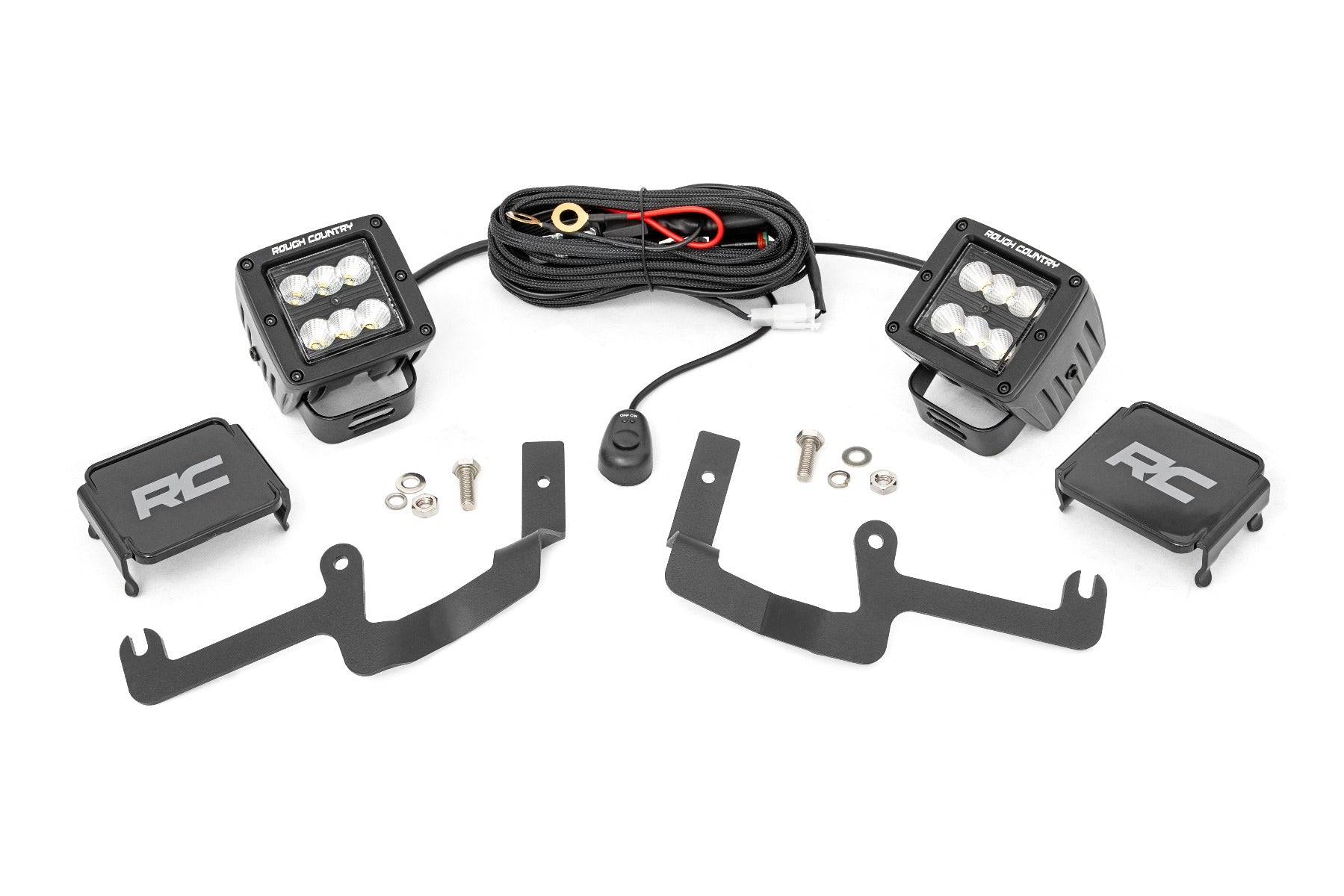 Rough Country Chevy 2-inch LED Lower Windshield Ditch Kit Black Series Flood Beam For 19-20 Silverado Rough Country