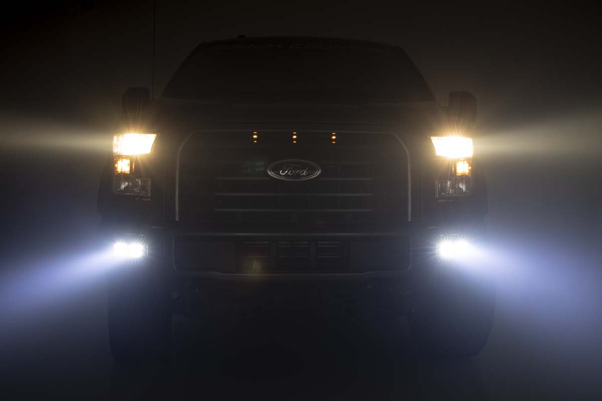LED Light Kit Fog Mount Dual 2 Inch Black Pairs Spot/Flood Ford F-150 (15-17) Rough Country-3