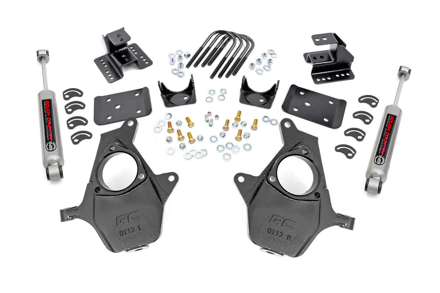 Rough Country 2 Inch Front Lowering Kit 4 Inch Rear Lowering Alum/Stamped Knuckle 14-18 Chevy/GMC 1500 Rough Country