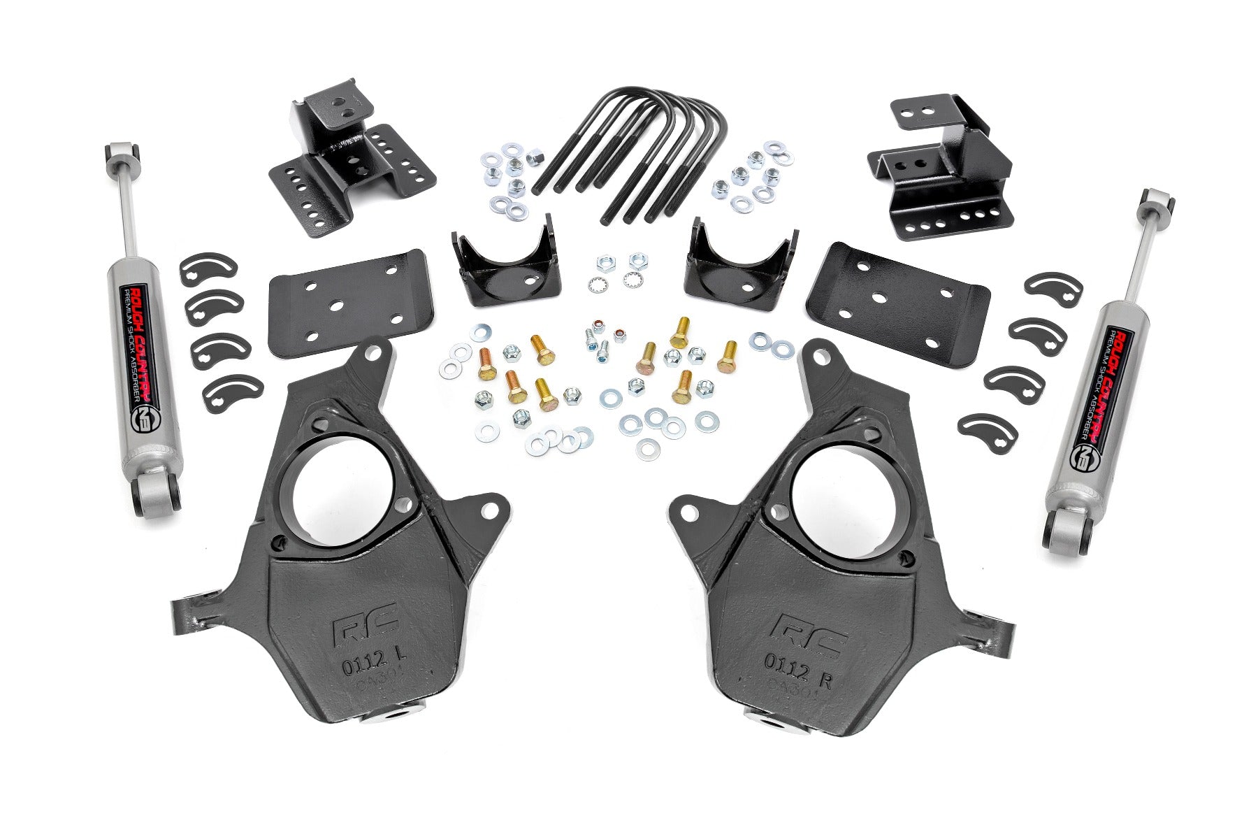 Rough Country 2 Inch Front Lowering Kit 4 Inch Rear Lowering Alum/Stamped Knuckle 14-18 Chevy/GMC 1500 Rough Country