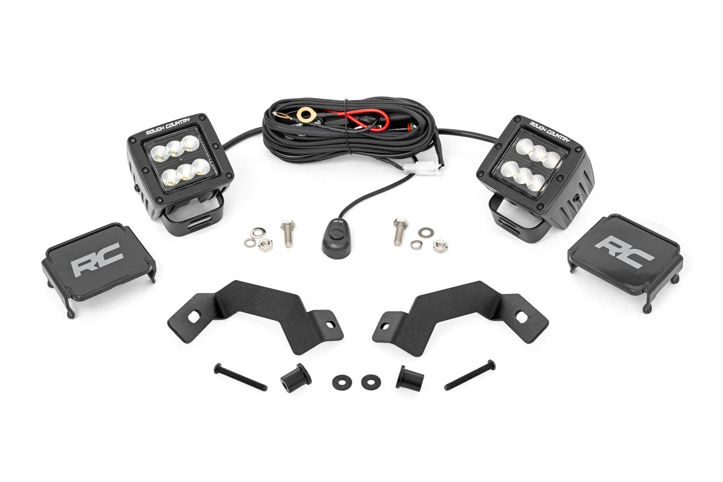 LED Light Kit Ditch Mount 2 Inch Black Pair Flood Toyota Land Cruiser (24-26) Rough Country