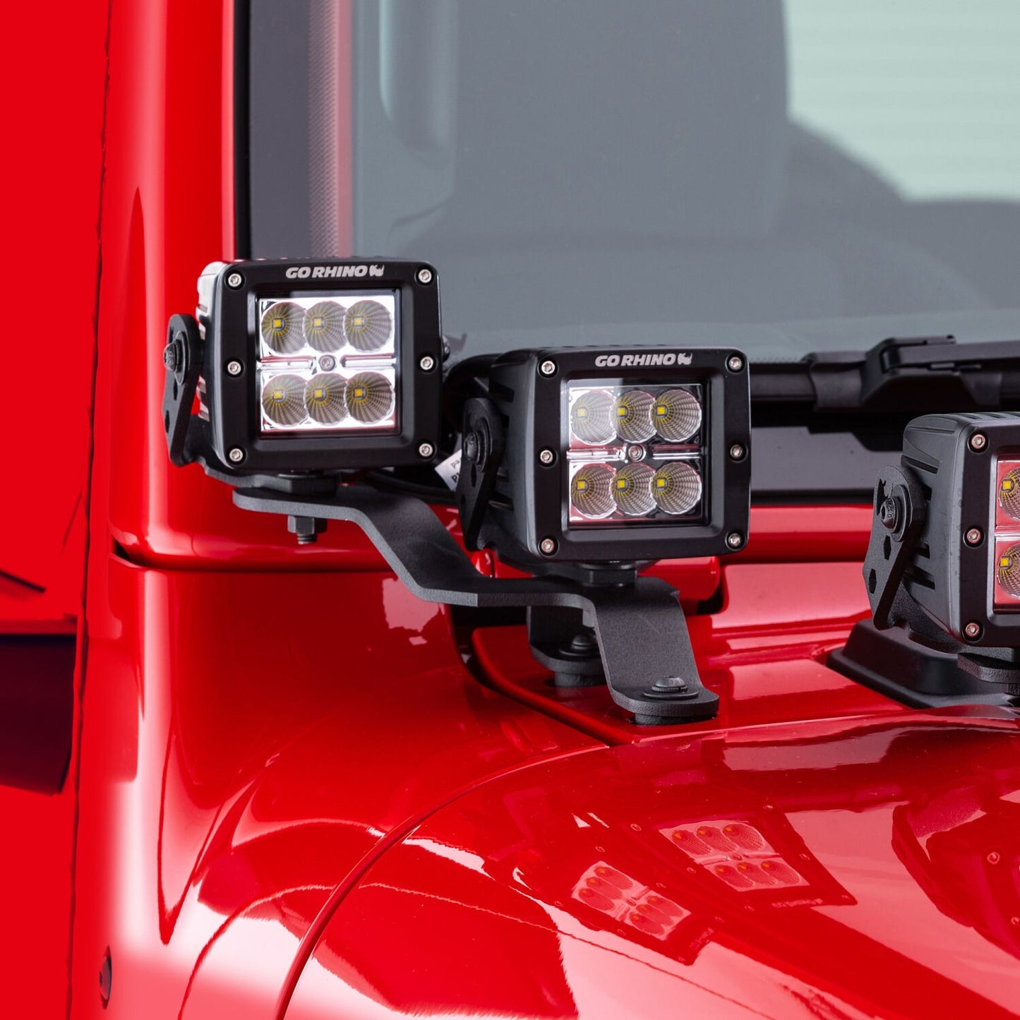 XE Windshield Cowl Light Mount Two 3 Inch X 3 Inch Industry Standard Cube LED's Textured Black 2018-2026 Jeep Wrangler JL 2020-2025 Jeep Gladiator Go Rhino-3