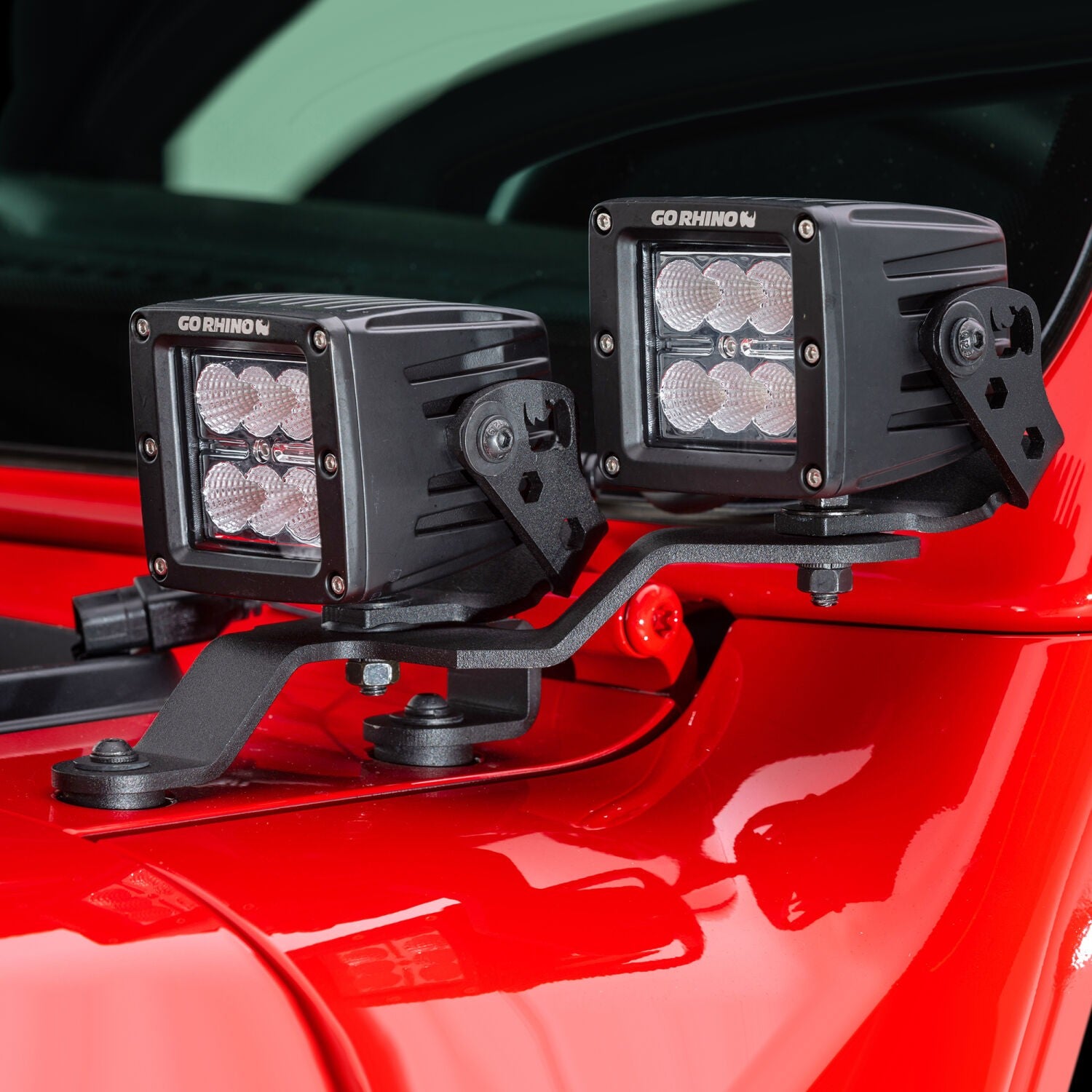 XE Windshield Cowl Light Mount Two 3 Inch X 3 Inch Industry Standard Cube LED's Textured Black 2018-2026 Jeep Wrangler JL 2020-2025 Jeep Gladiator Go Rhino-4