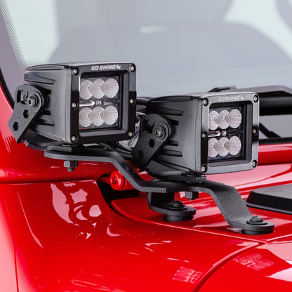 XE Windshield Cowl Light Mount Two 3 Inch X 3 Inch Industry Standard Cube LED's Textured Black 2018-2026 Jeep Wrangler JL 2020-2025 Jeep Gladiator Go Rhino-5