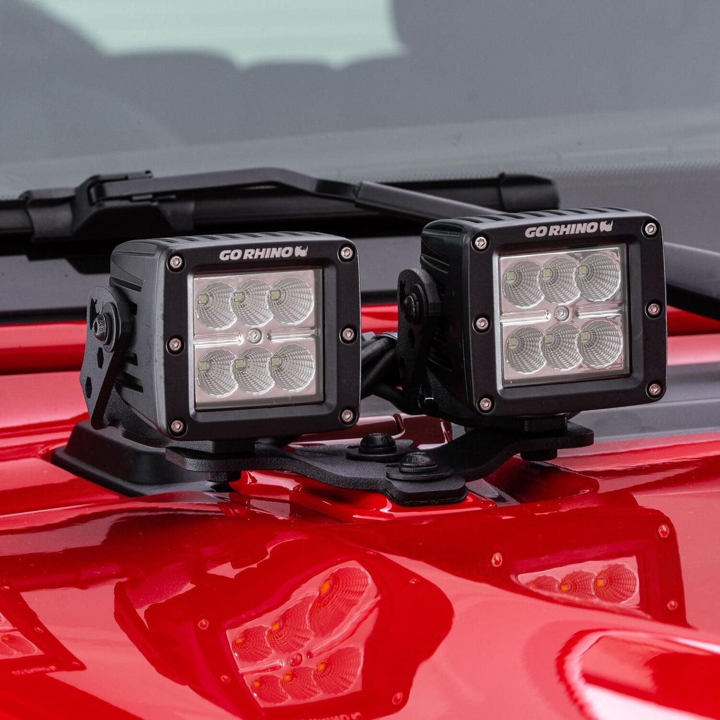 XE Hood Hinge Light Mount for Two 3 Inch X 3 Inch Standard Cube LED's Textured Black 2018-2026 Jeep Wrangler JL 2020-2025 Jeep Gladiator Go Rhino-2