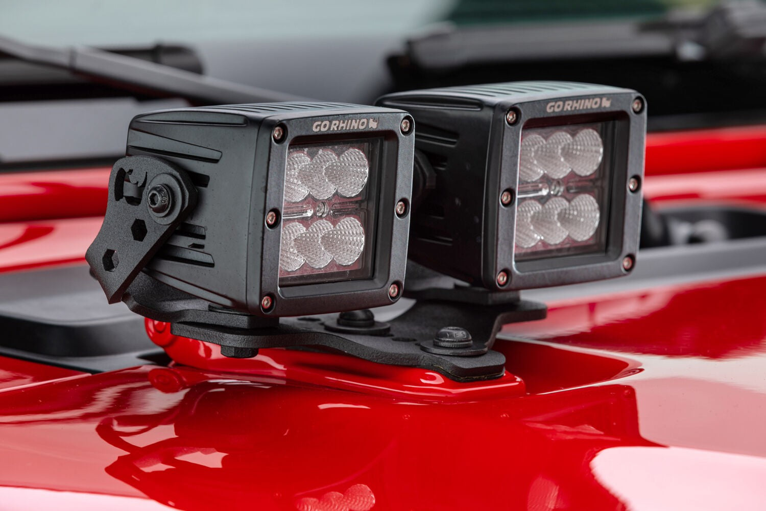 XE Hood Hinge Light Mount for Two 3 Inch X 3 Inch Standard Cube LED's Textured Black 2018-2026 Jeep Wrangler JL 2020-2025 Jeep Gladiator Go Rhino-3