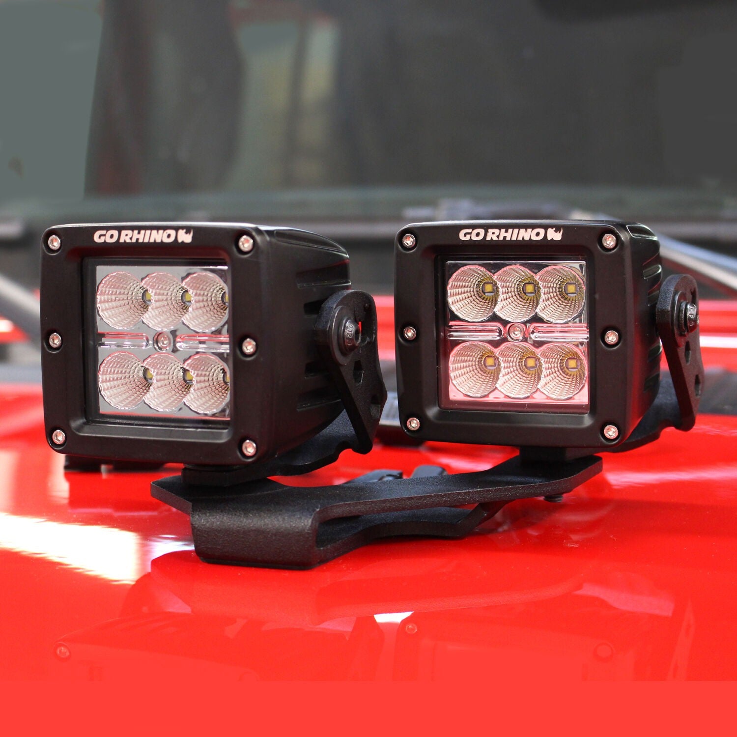 XE Center Hood Light Mounts Several 3 Inch Cube LED Lights to hood Textured Black 2018-2026 Jeep Wrangler JL 2020-2025 Jeep Gladiator Go Rhino-2