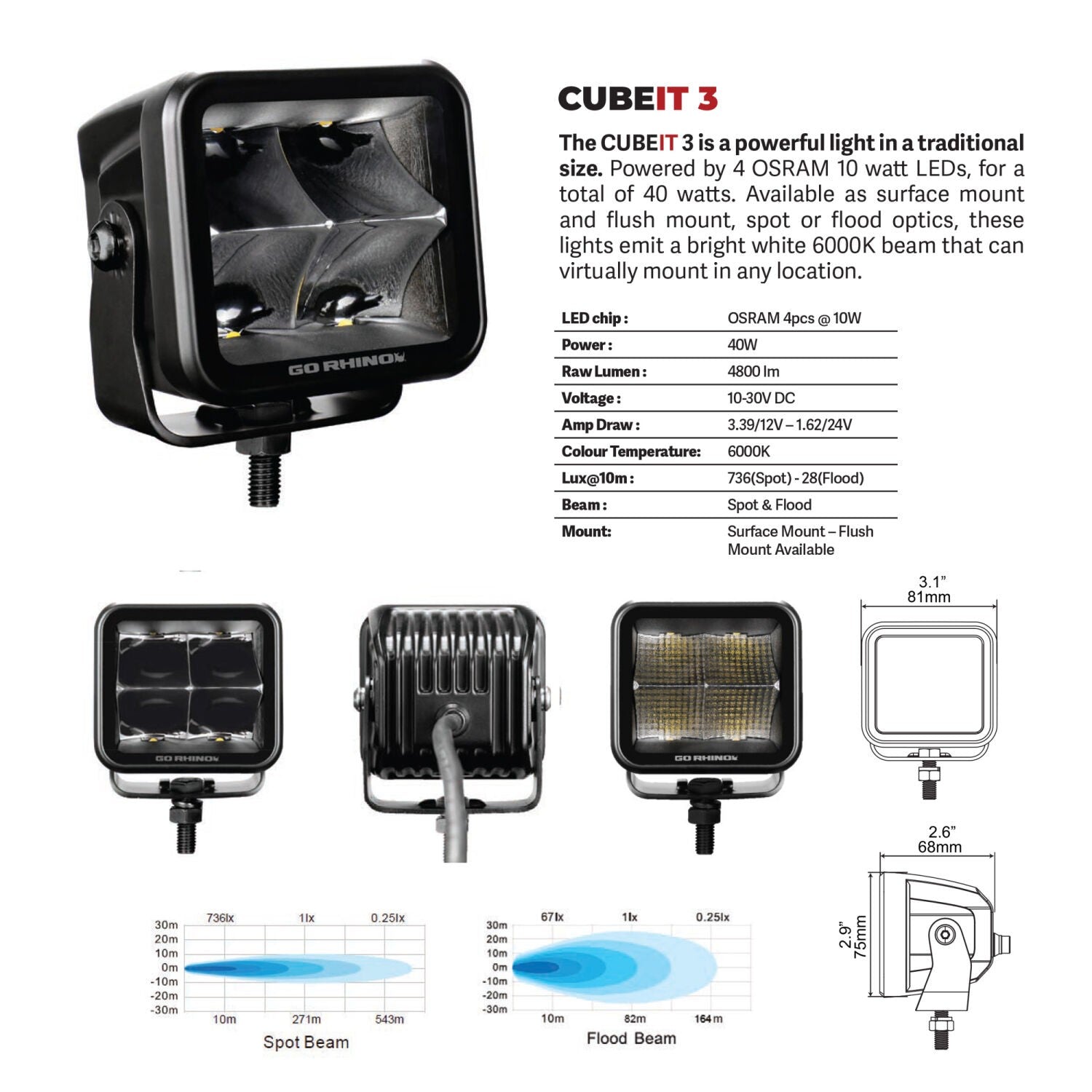 Blackout Series Lights Pair of 3x3 Cube LED Spot Light Kit Black Go Rhino-7