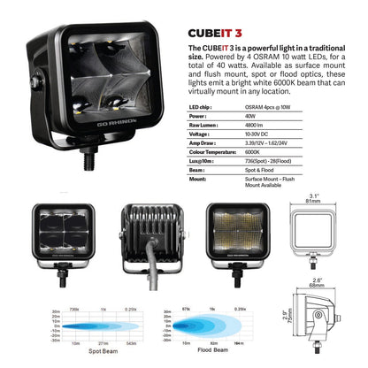 Blackout Series Lights Pair of 3x3 Cube LED Spot Light Kit Black Go Rhino-7