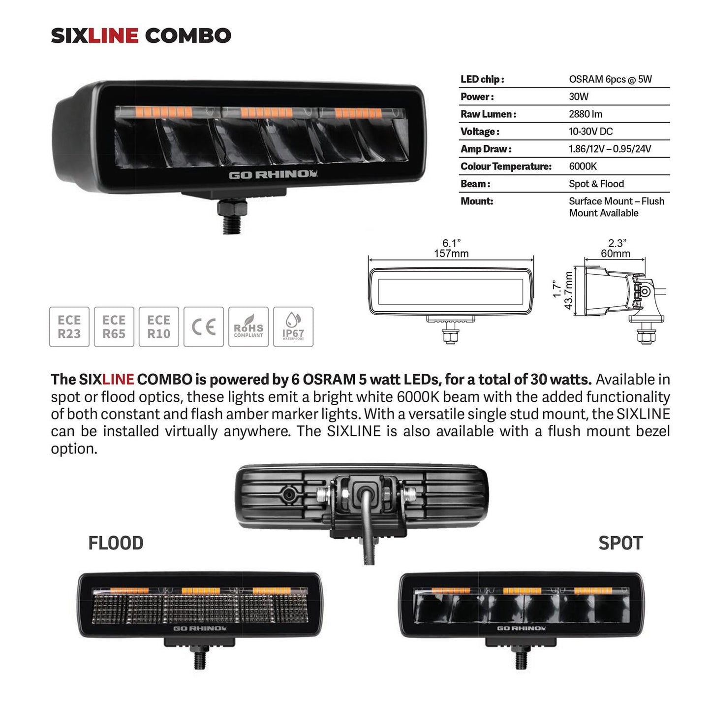 Blackout Combo Series Lights Pair of Sixline LED Flood Lights With Amber Accent Black Go Rhino-6