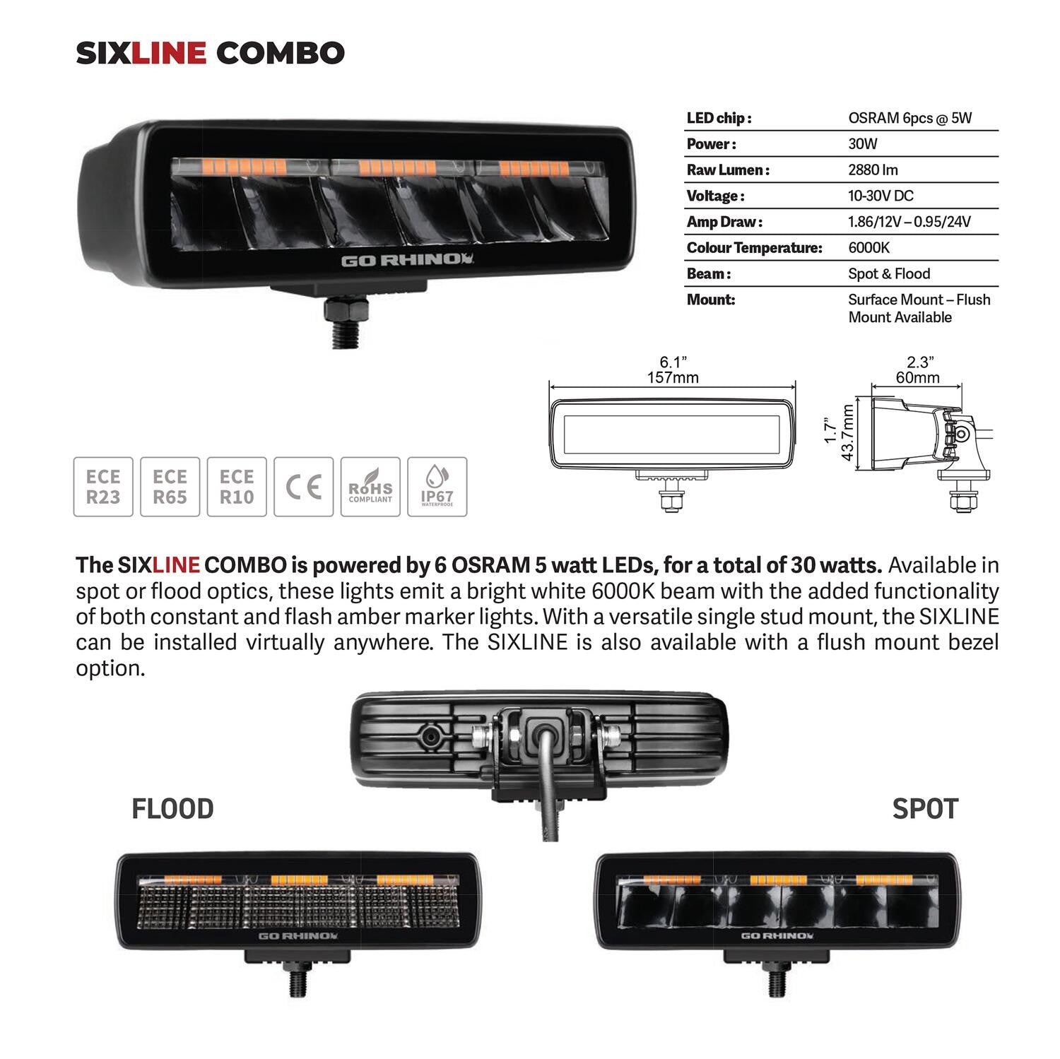 Blackout Combo Series Lights Pair of Sixline LED Spot Lights With Amber Accent Black Go Rhino-4