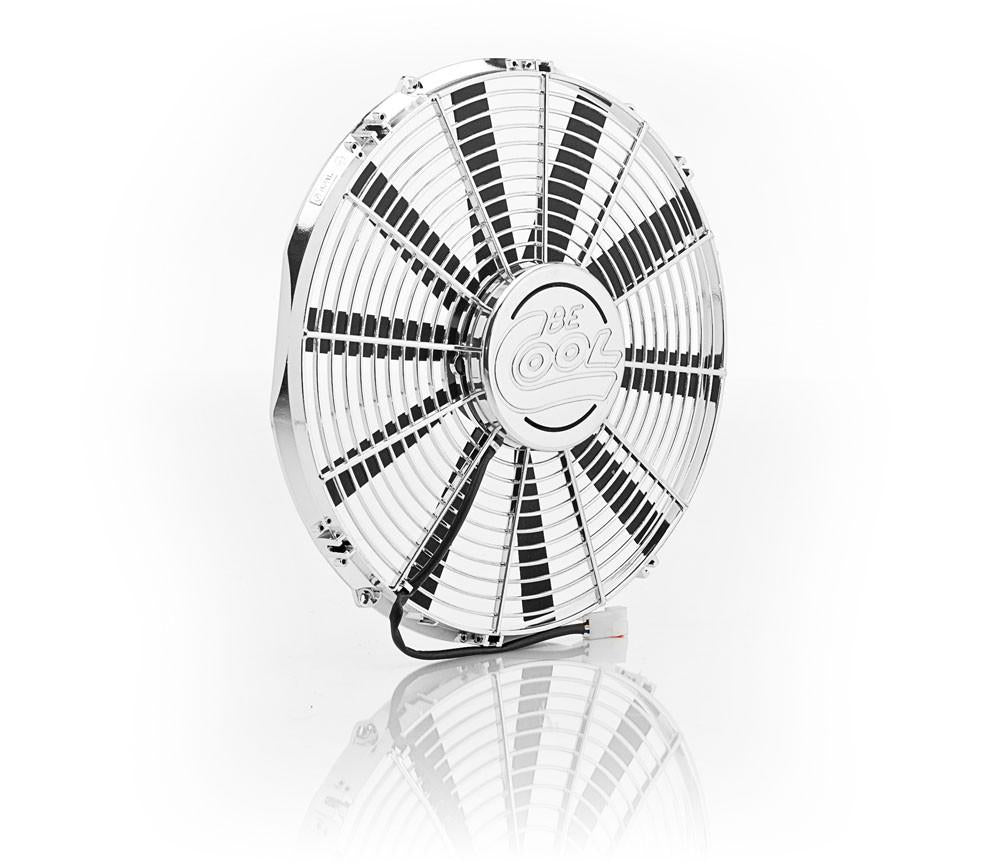 16 Inch Electric Puller Fan w/Straight Blades and Billet Cap Chrome Medium Profile Radiator Be Cool