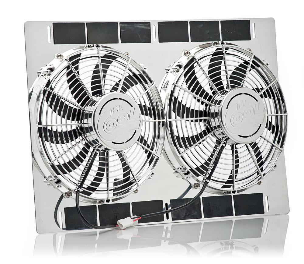 13 Inch Show and Go Stainless Shroud 27 Inch W x 18 Inch H w/Dual Chrome High Torque Puller Fans Radiator Be Cool