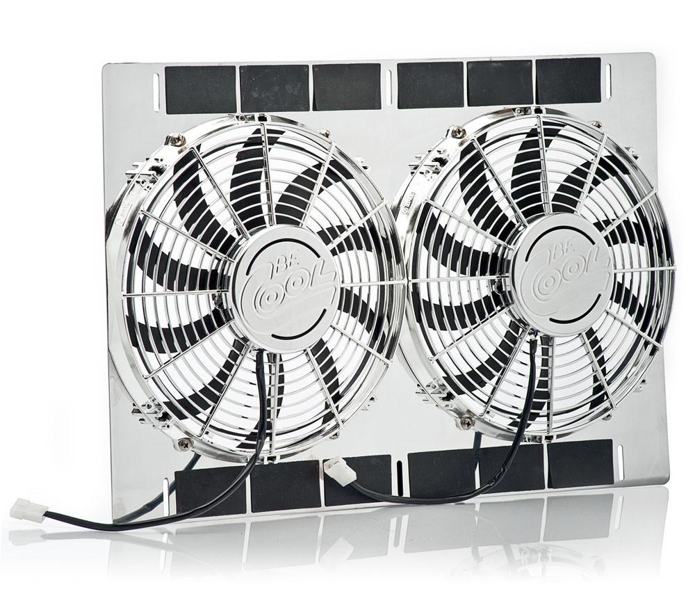 13 Inch Show and Go Stainless Shroud 27 Inch W x 18 Inch H w/Dual Chrome Puller Fans Radiator Be Cool