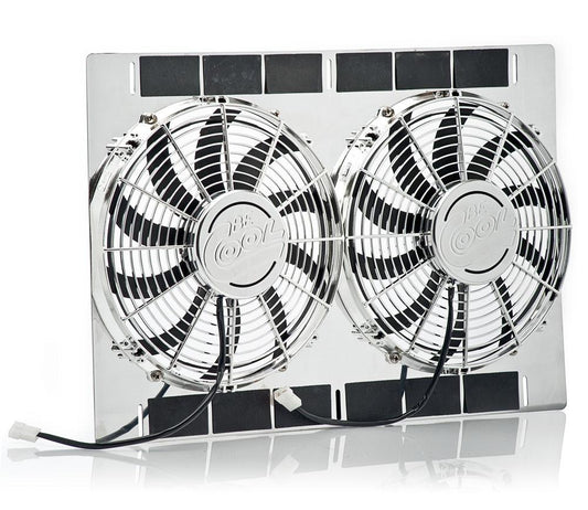 13 Inch Show and Go Stainless Shroud 27 Inch W x 18 Inch H w/Dual Chrome Puller Fans Radiator Be Cool