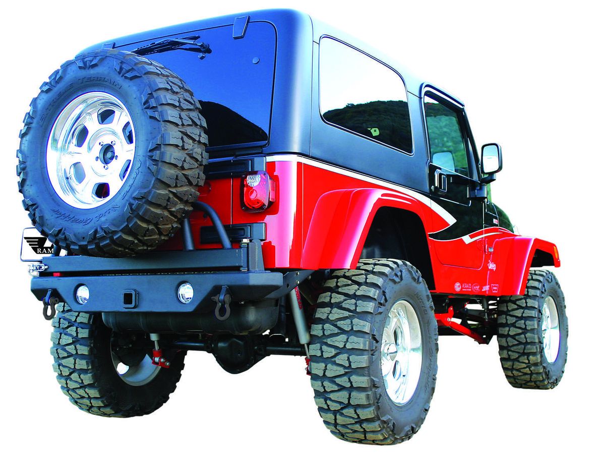 Recovery Rear HD Bumper with Swing Away Tire Carrier Mount for 1987-1995 Jeep Wrangler YJ, 1997-2006 Jeep Wrangler TJ, Textured Black Rampage