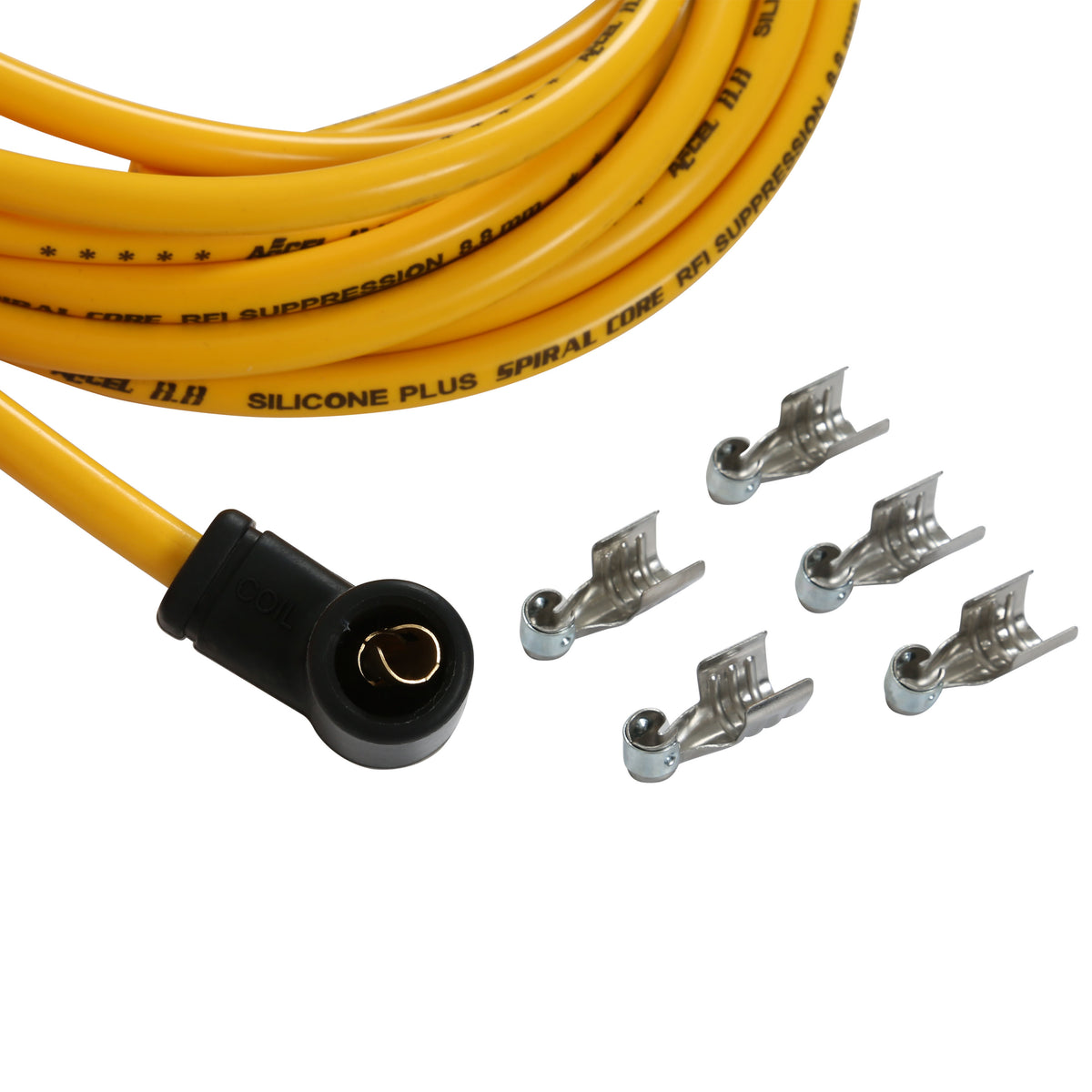 8.8MM Spiral Wire, 500 Ohms/Ft Spiral Suppression Core, Universal Yellow Wire With 90 Degree Red Boots, Female Socket/Points Style Dist Cap, V8 Set ACCEL-1