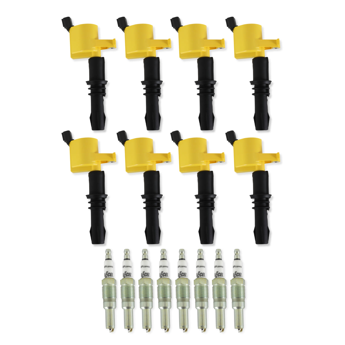 Ignition Upgrade Kit- 2004-2008 Ford 4.6L/5.4L/6.8L 3-Valve, Yellow 8-Pack Includes 8-Pack Of Hp Copper Spark Plugs (P/N 8160) & 8-Pack Of Ignition Coil (P/N 140033-8) ACCEL